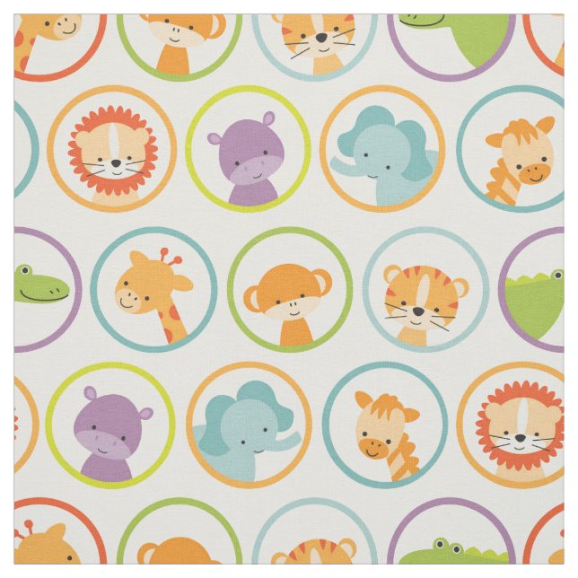 Cute Jungle Animals in Circles Fabric (Swatch)