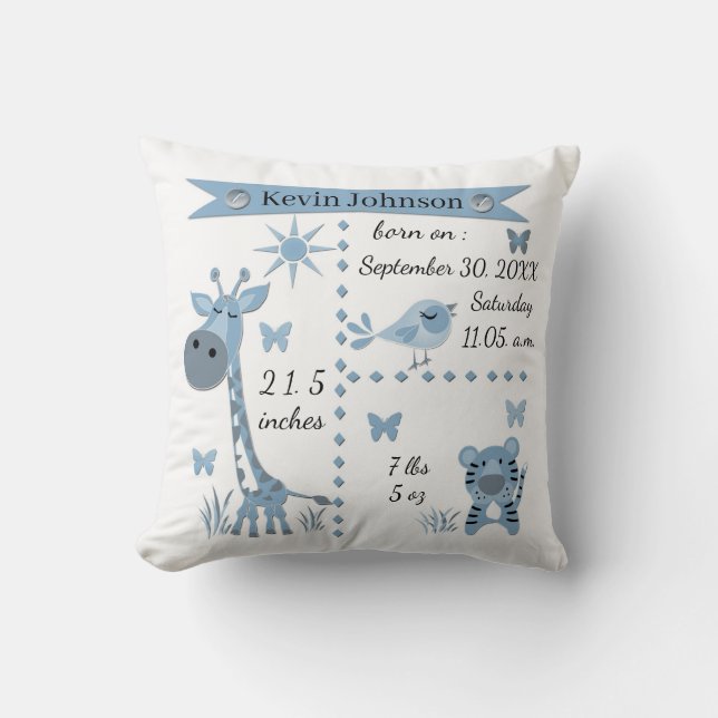 Cute jungle animals in light blue for boy cushion (Front)