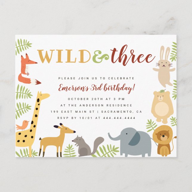 Cute Jungle Animals & Leaves Wild & Three Birthday Invitation Postcard (Front)