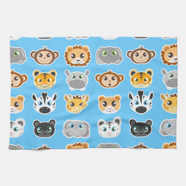 Cute Jungle Animals Pattern Blue Tea Towel (Horizontal)