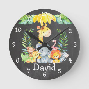 Cute Jungle Animals Personalised Chalkboard Round Clock