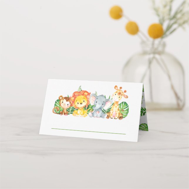 Cute Jungle Animals Safari 1st Birthday Greenery  Place Card (Front)