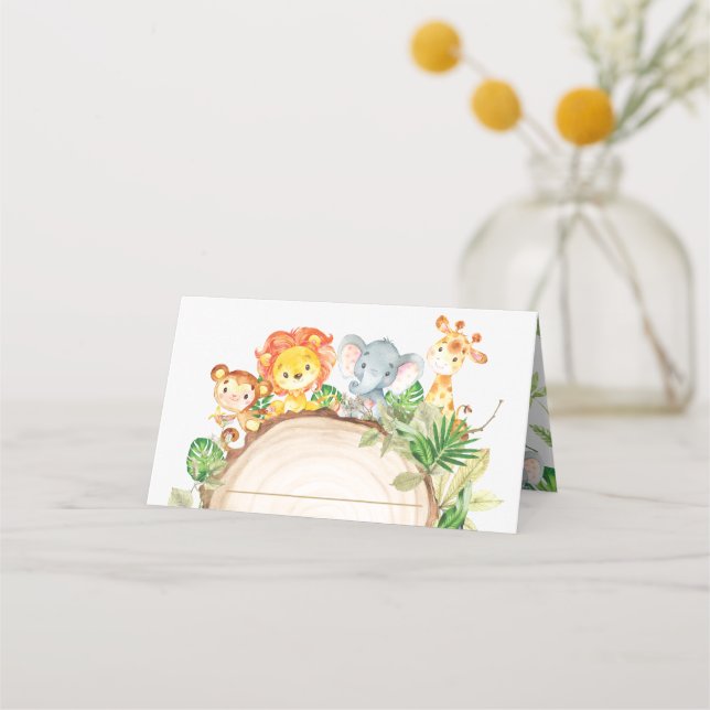 Cute Jungle Animals Safari 1st Birthday Greenery   Place Card (Front)