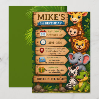 Cute Jungle Animals Safari 1st Birthday Invitation