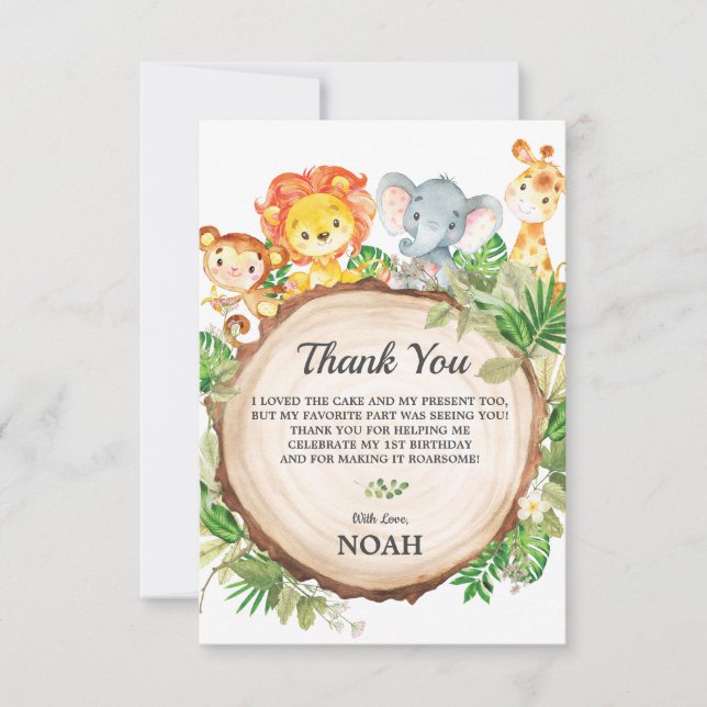 Cute Jungle Animals Safari 1st Birthday Party Thank You Card (Front)