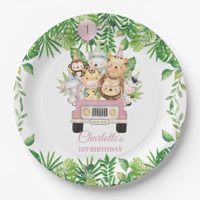 Cute Jungle Animals Safari Adventure Car Birthday  Paper Plate (Front)