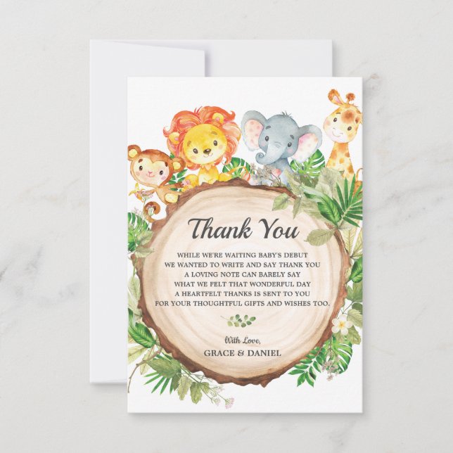 Cute Jungle Animals Safari Baby Shower Thank You Card (Front)