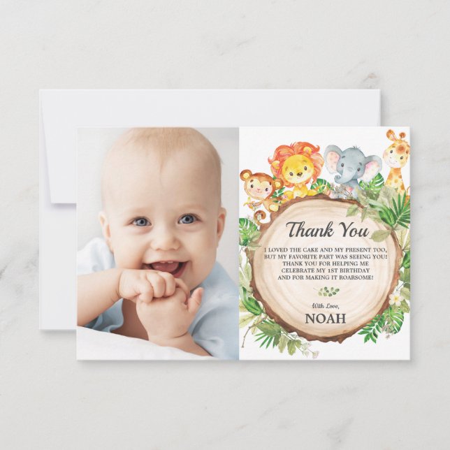 Cute Jungle Animals Safari Birthday Party Photo Thank You Card (Front)