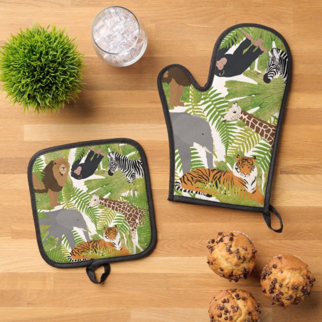 Cute Jungle Animals Safari Boy | Girl Oven Mitt & Pot Holder Set (Top Down)