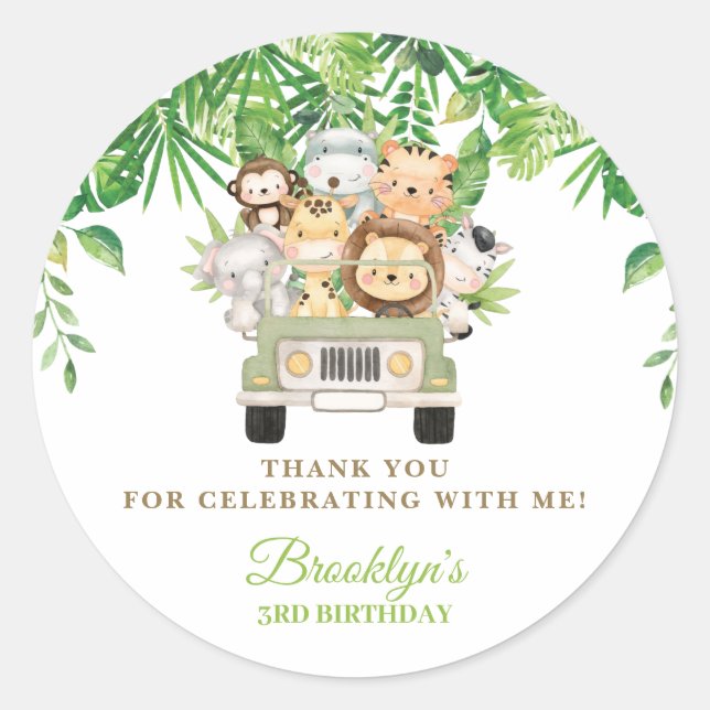Cute Jungle Animals Safari Car Greenery Favour  Classic Round Sticker (Front)
