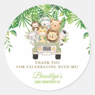 Cute Jungle Animals Safari Car Greenery Favour  Classic Round Sticker