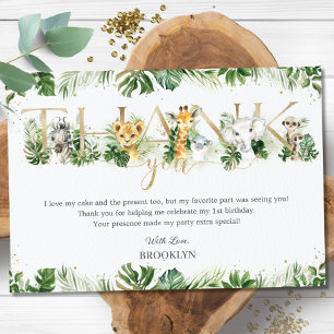 Cute Jungle Animals Safari Greenery 1st Birthday Thank You Card