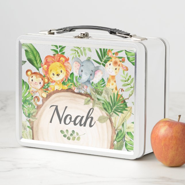 Cute Jungle Animals Safari Lion Elephant Monkey Metal Lunch Box (In Situ)