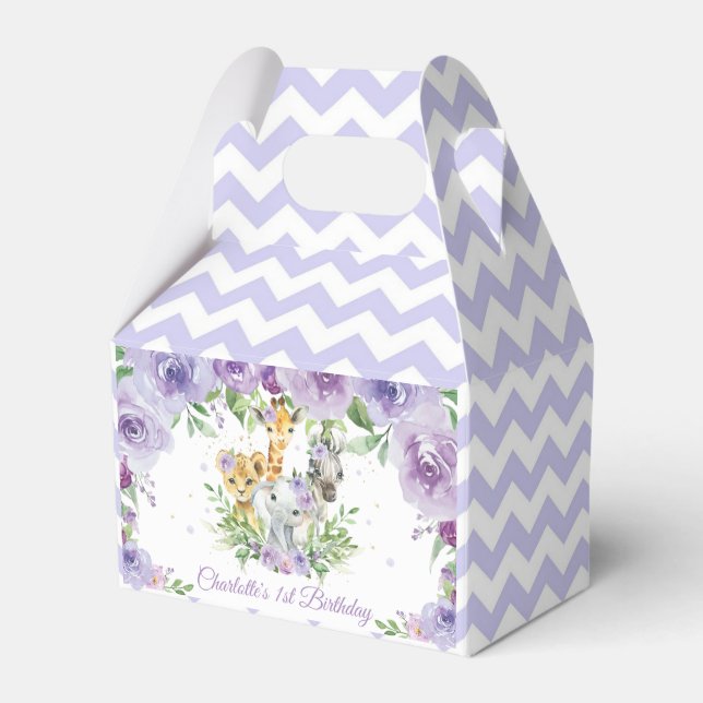 Cute Jungle Animals Safari Purple Floral Thank You Favour Box (Front Side)
