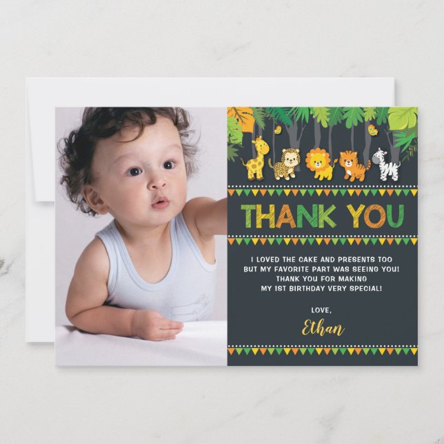 Cute Jungle Animals Safari Wild One Birthday Photo Thank You Card (Front)