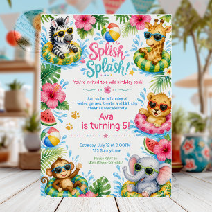 Cute Jungle Animals Splish Splash Pool Party Birth Invitation