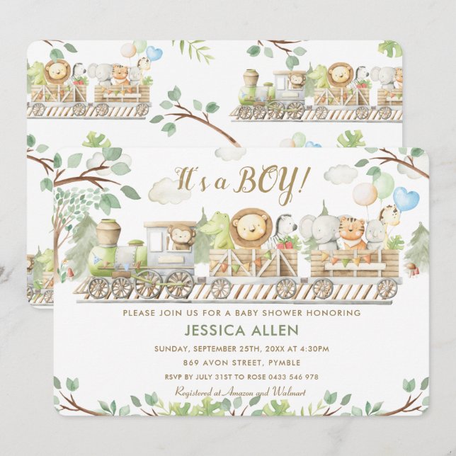 Cute Jungle Animals Train Greenery Baby Shower Invitation (Front/Back)