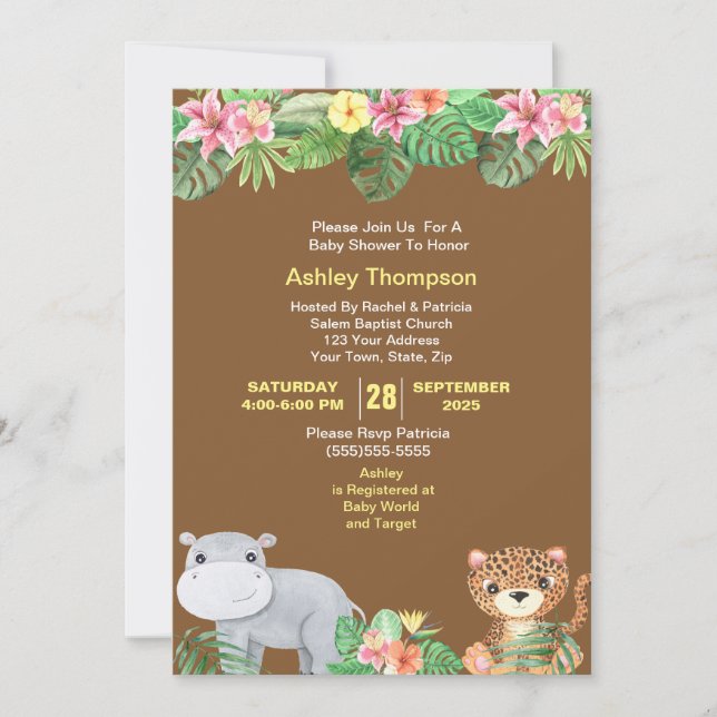 Cute Jungle Animals Tropical Flowers Baby Shower Invitation (Front)