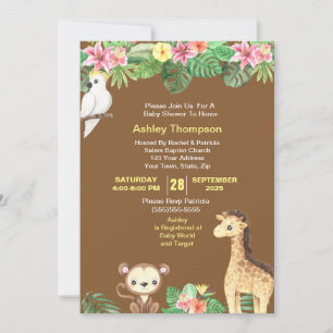 Cute Jungle Animals Tropical Flowers Baby Shower Invitation