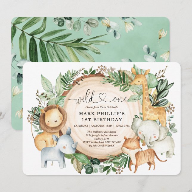 Cute Jungle Animals Wild One 1st Birthday Party Invitation (Front/Back)