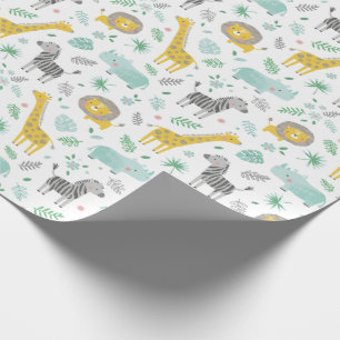 Cute jungle animals with leaves and flowers wrapping paper