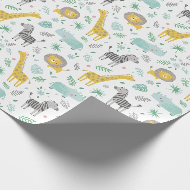 Cute jungle animals with leaves and flowers wrapping paper (Corner)