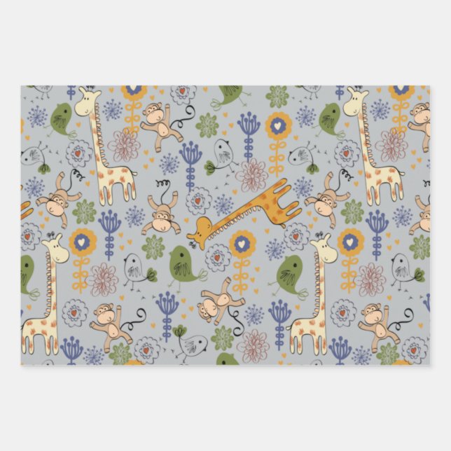 Cute Jungle Animals  Wrapping Paper Sheets (Front)