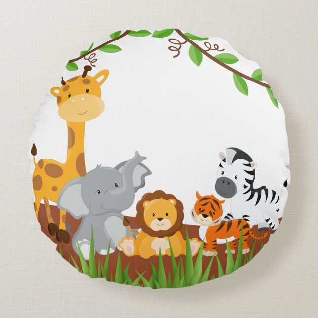 Cute Jungle Baby Animals Round Pillow (Front)