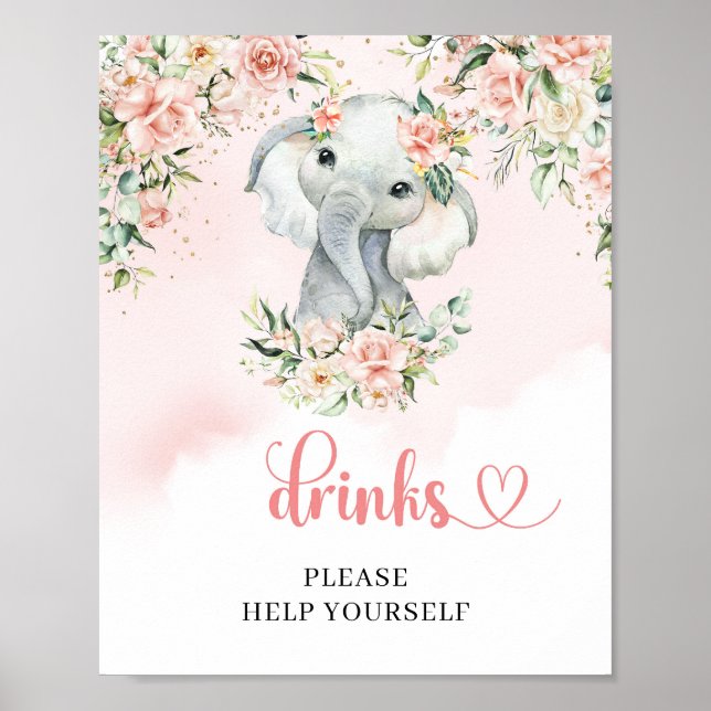 Cute jungle baby elephant blush and gold drinks poster (Front)
