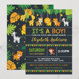 Cute Jungle Boy Baby Shower Safari Animals Party Invitation