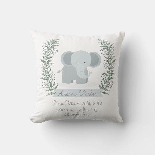 Cute Jungle Elephant Baby Boy/Girl Announcement Cushion (Front)