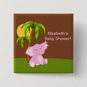 Cute Jungle Elephant Girl Baby Shower Button
