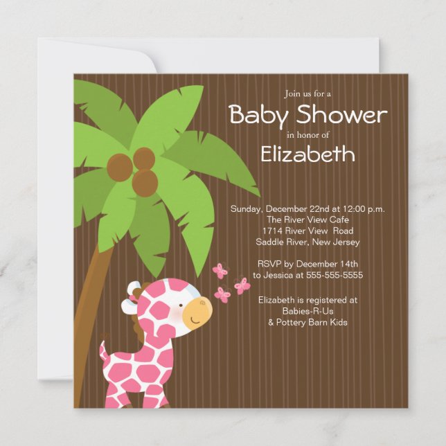 Cute Jungle Giraffe Girl Baby Shower Invitations (Front)