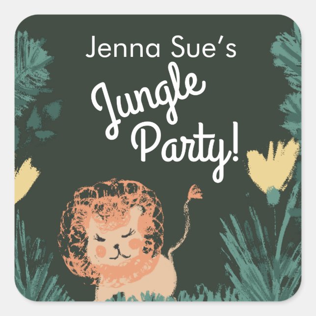 Cute Jungle Lion Art Safari Birthday Party Square Sticker (Front)
