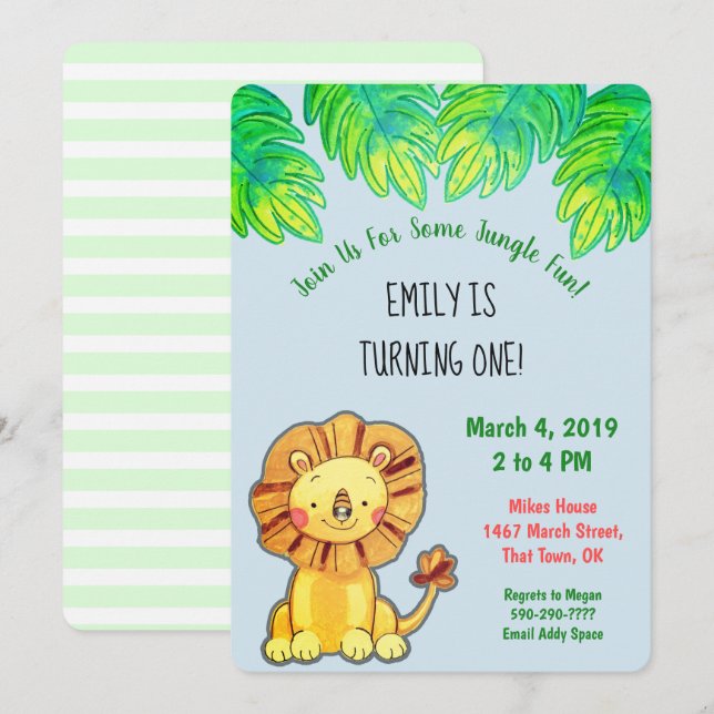 Cute Jungle Lion First Birthday Invitation (Front/Back)