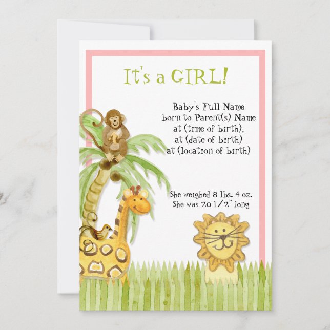 Cute Jungle Monkey Giraffe Lion Newborn Baby Girl Invitation (Front)