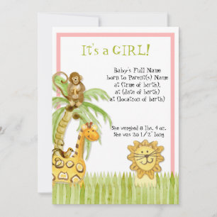 Cute Jungle Monkey Giraffe Lion Newborn Baby Girl Invitation