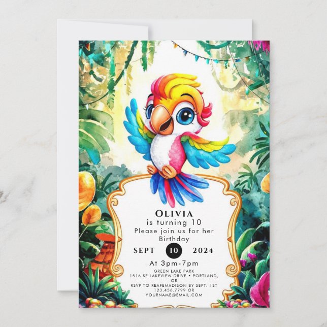Cute Jungle Parrot Birthday Invitation (Front)