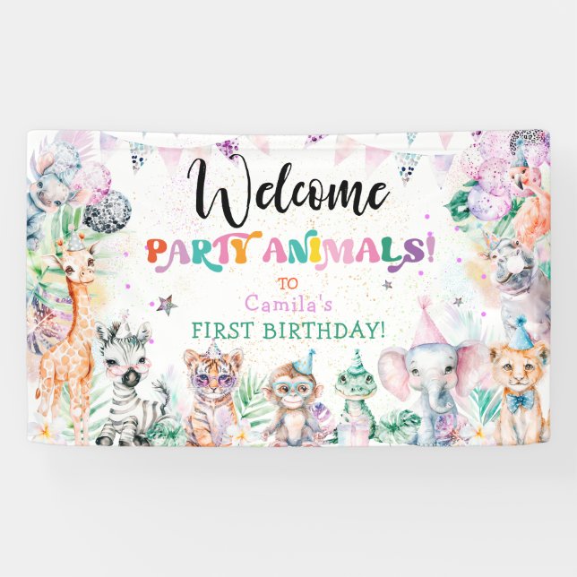 Cute Jungle Party Animals Girl Birthday Welcome Banner (Horizontal)