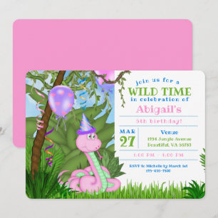 Cute Jungle Pink Snake Kids Birthday Party Invitation