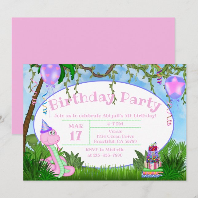 Cute Jungle Pink Snake Kids Birthday Party Invitation (Front/Back)