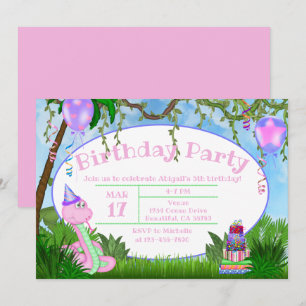 Cute Jungle Pink Snake Kids Birthday Party Invitation