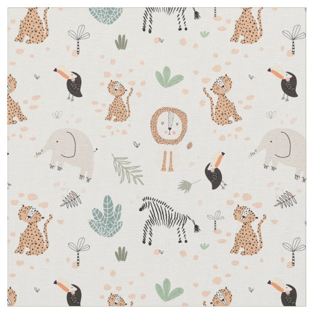 Cute Jungle Rainforest Animals Pattern Fabric (Close Up)