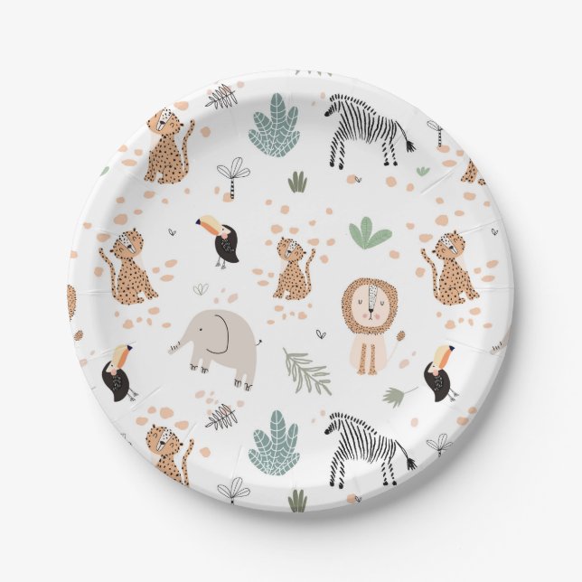 Cute Jungle Rainforest Animals Pattern Paper Plate (Front)