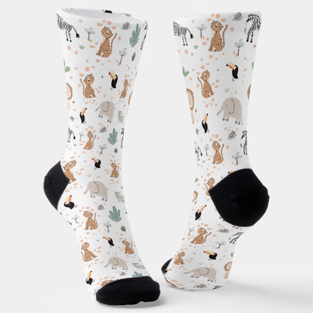 Cute Jungle Rainforest Animals Pattern Socks (Angled)