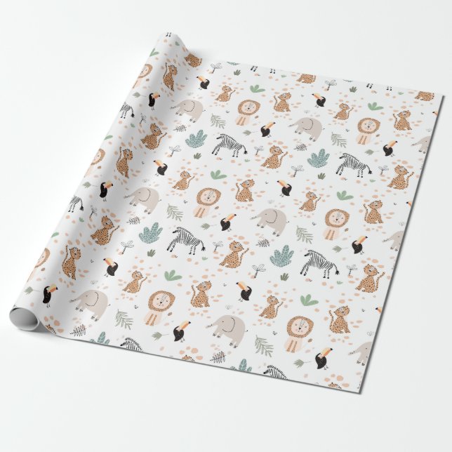 Cute Jungle Rainforest Animals Pattern Wrapping Paper (Unrolled)