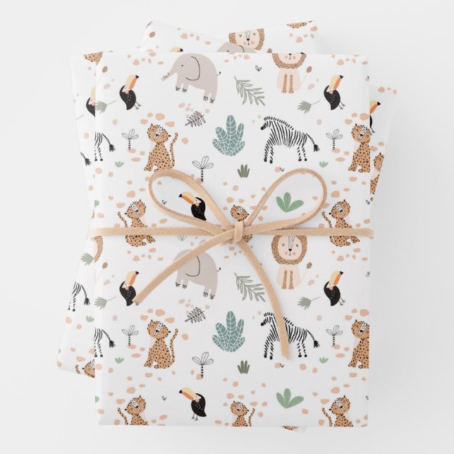 Cute Jungle Rainforest Animals Pattern Wrapping Paper Sheet (In situ)
