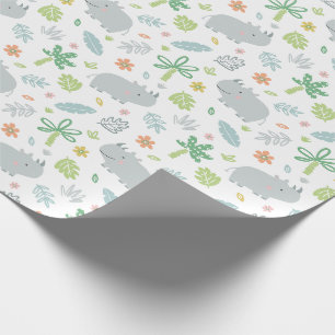 Cute jungle Rhinos with palmtrees and leafs white Wrapping Paper