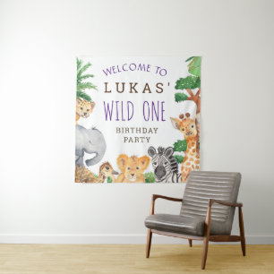 Cute Jungle Safari 1st Birthday Party Welcome Tapestry