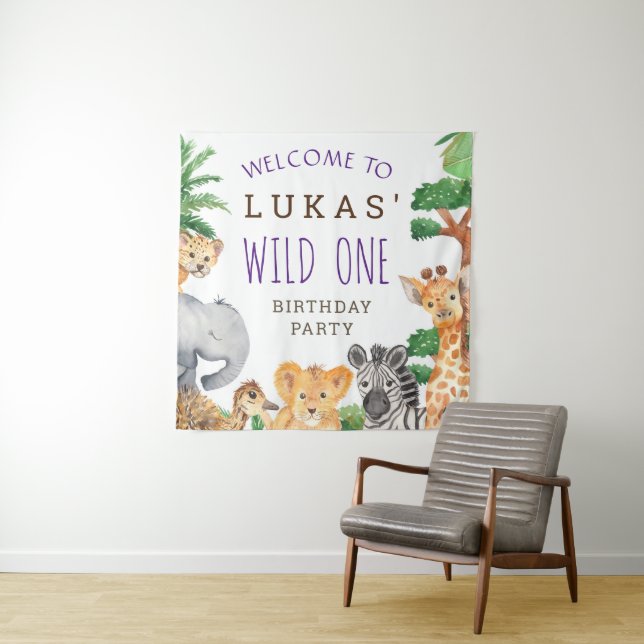 Cute Jungle Safari 1st Birthday Party Welcome Tapestry (In Situ)